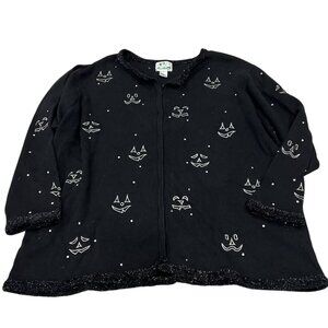 Halloween Black Cardigan Sweater With Pumpkin Faces & Glitter Trim 3X The Quacke